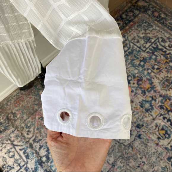 Desigual White Windowpane Ruffle Hem Side Cutout Tunic Top Semi Sheer Sz S - Picture 9 of 16